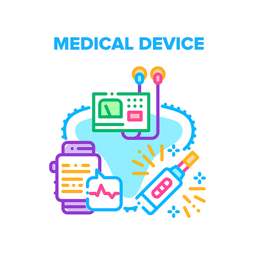 Medical Device Vector Icon Concept. Smart Watches And Medical Device For Monitoring Heartbeat, Glucometer Tool For Measuring Sugar In Blood. Medicine Equipment For Examining Health Color Illustration