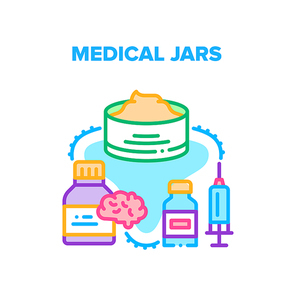 Medical Jars Vector Icon Concept. Medical Jars For Natural Cream And Vitamin Pills For Brain, Syringe And Vaccine For Healthcare Vaccination. Health Treatment Procedure And Drug Color Illustration