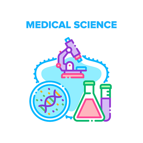 Medical Science Vector Icon Concept. Medical Science For Developing And Testing Pharmacy Product, Researching Human Dna And Molecule With Microscope Laboratory Equipment Color Illustration