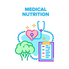 Medical Healthy Nutrition Vector Icon Concept. Medical Healthy Nutrition, Heartbeat And Blood Pressure Control With Stethoscope Doctor Tool. Natural Healthcare Food Color Illustration