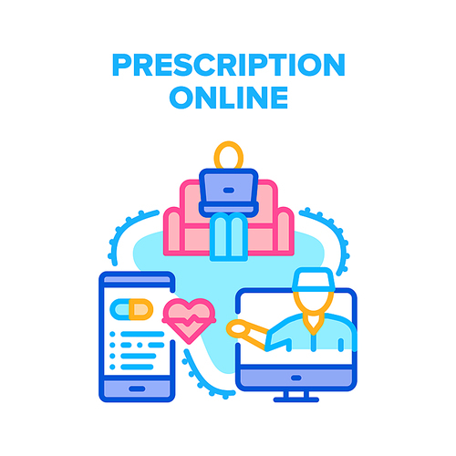 Prescription Online Medical Vector Icon Concept. Doctor Examining And Consulting Patient, Medicaments Prescription Online For Disease Treatment. Internet Consultation Color Illustration
