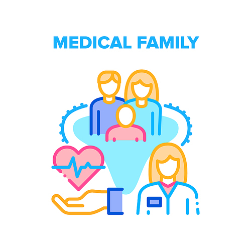 Medical Family Vector Icon Concept. Medical Family Examination And Treatment In Hospital. Doctor Checking Parents And Children. Disease Diagnose And Treat In Clinic Color Illustration