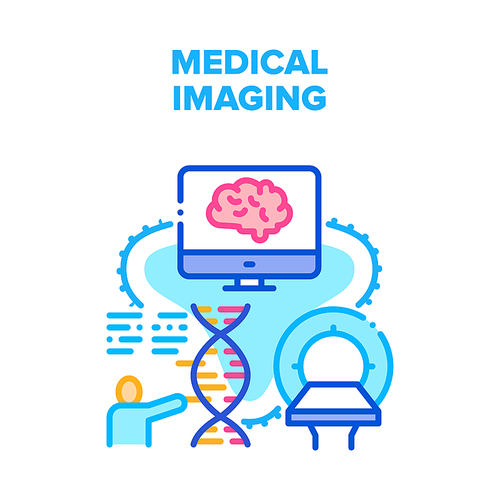 Medical Imaging Vector Icon Concept. Medical Imaging Mri Scanner For Checking Patient Health And Examining Brain On Computer Screen. Researching Human Dna With Digital Equipment Color Illustration