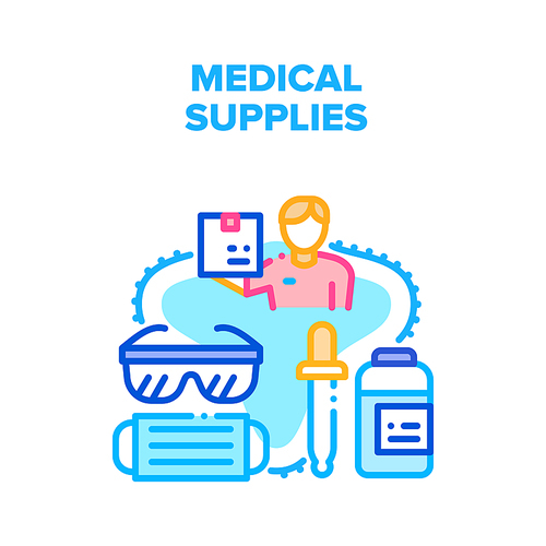 Medical Supplies Vector Icon Concept. Facial Mask And Glasses Medical Supplies For Patient Examination, Medication Bottle With Pipette For Treatment Disease. Courier Delivering Box Color Illustration