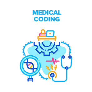 Medical Coding Vector Icon Concept. Developer Working At Workspace Table And Medical Coding On Computer, Lab Worker Researching Dna Code And Doctor Examining Patient Health Color Illustration