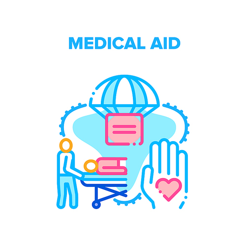 Medical Aid Vector Icon Concept. Emergency Medical Aid And Transportation To Hospital For Treatment Disease. Medicine Healthcare And Ambulance Urgency Help, Life Care Color Illustration