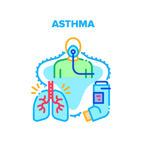 Asthma Disease Vector Icon Concept. Asthma Attack Disease Treatment Tool, Asthmatic Patient Breathing With Inhaler Respiratory Hospital Equipment. Illness Lungs Treat Color Illustration
