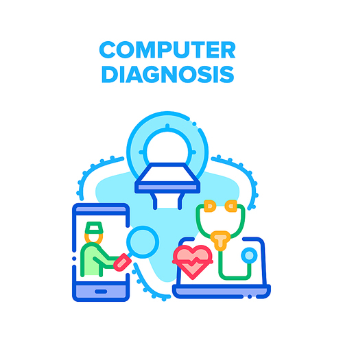 Computer Medical Diagnosis Vector Icon Concept. Computer Medical Diagnosis, Doctor Communicate With Patient, Examining And Treatment. Mri Hospital Equipment For Checking Health Color Illustration