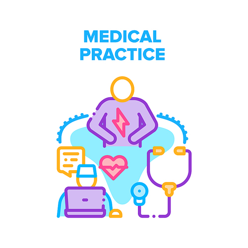 Medical Practice Vector Icon Concept. Doctor Specialist Medical Practice With Patient. Examining, Diagnosis And Professional Treatment. Hospital Medicine Health Care And Treat Color Illustration
