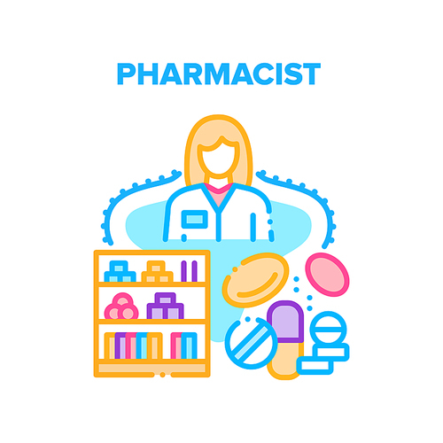 Pharmacist Work Vector Icon Concept. Pharmacist Work In Pharmacy Store, Woman Selling Medications Drug, Pills And Antibiotic. Apothecary Drugstore Worker Sale Healthcare Product Color Illustration