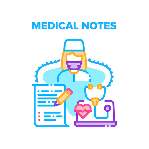 Medical Notes Vector Icon Concept. Doctor Examining And Make Medical Notes During Examination And Discussion For Diagnose And Treatment. Hospital Worker Writing Disease History Color Illustration