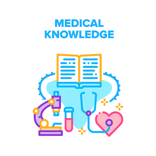 Medical Doctor Knowledge Vector Icon Concept. Medical Doctor Knowledge And Education, Scientist Researching With Microscope Laboratory Equipment. Student Reading Medicine Book Color Illustration