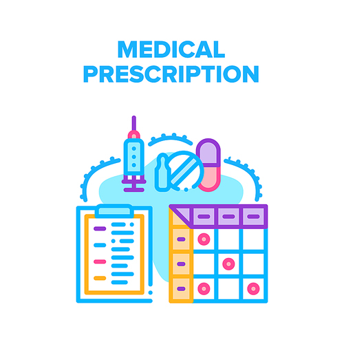 Medical Pills Prescription Vector Icon Concept. Doctor Physician Writing Diagnosis And Giving Medical Pills Prescription. Document For Buying Medicine Medication In Drugstore Color Illustration