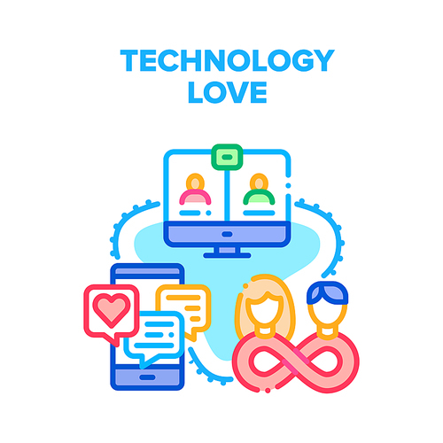 Technology Love Relation Vector Icon Concept. Chatting Lovely Messages On Smartphone Screen And Video Call On Computer Technology Love Keeping On Distance. Social Media Color Illustration