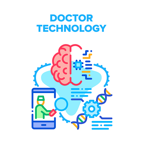 Doctor Technology Innovation Vector Icon Concept. Doctor Technology For Treatment Human Brain And Change Molecule, Hospital Innovative Tech. Distance Examination Patient Color Illustration
