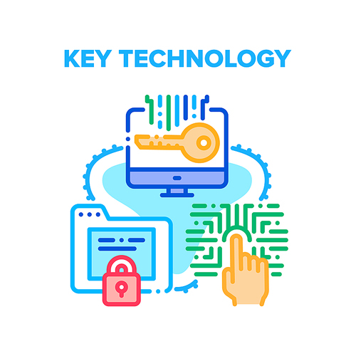 Key Technology Cyber System Vector Icon Concept. Digital Key Technology For Protective Data And Private Information. Fingerprint For Security And Safe Computer Privacy Color Illustration