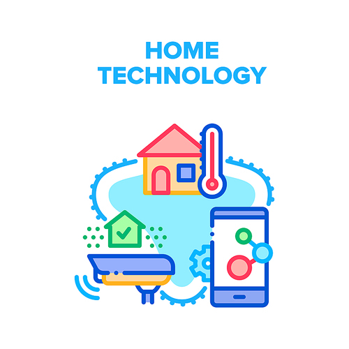 Home Technology Vector Icon Concept. Smart Home Technology Control Climate In House And Security System Connect With Smartphone Application. Cctv Camera Surveillance Device Color Illustration