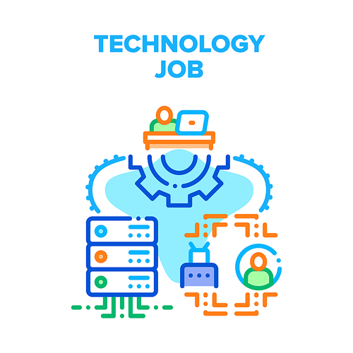 Technology Job Vector Icon Concept. Programmer It Worker Developing Software Code On Computer At Working Desk, Programming Robot And Support Server Technology Job Color Illustration