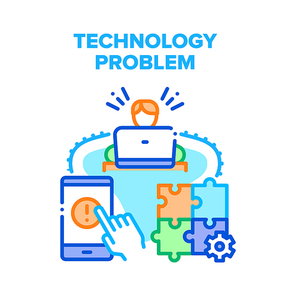 Technology Problem Solve Vector Icon Concept. Man Solving Laptop And Broken Smartphone Technology Problem. Computer Diagnostic And Examining Operating System Error Warning Color Illustration