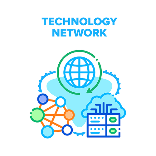 Global Technology Network Vector Icon Concept. Server Technology Network, Electronic Equipment For Communication On Internet, Social Media Connection And Networking System Color Illustration