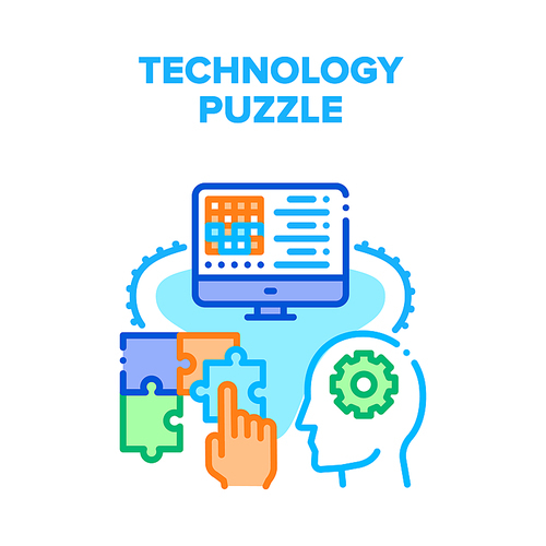 Technology Puzzle Strategy Vector Icon Concept. Technology Puzzle Logical Game For Training Brain, Gaming Exercise On Computer Screen. Human Thinking For Solve Problem Color Illustration