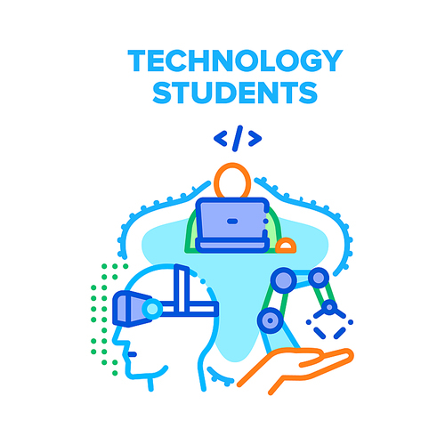 Technology Students For Study Vector Icon Concept. Technology Students For Learning Language And Programming Robotic Arm, People Watch Educational Lesson In Vr Glasses Color Illustration