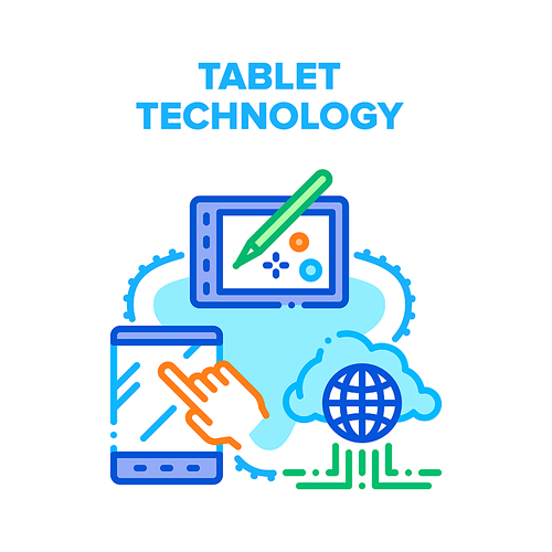 Tablet Technology Device Vector Icon Concept. Digital Tablet Technology With Cloud Storaging Service For Drawing Images And Communication. Portable Electronic Computer Color Illustration