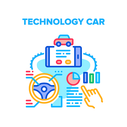 Technology Car Vector Icon Concept. Car Remote Control With Smartphone Application And Controlling Vehicle Devices On Steering Wheel, Technology Car System Innovation Color Illustration