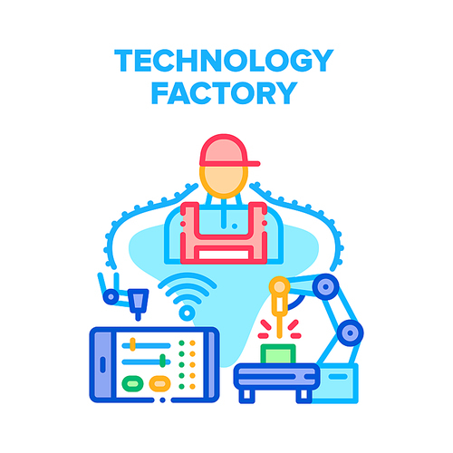 Technology Factory Production Vector Icon Concept. Plant Worker And Technology Factory Production, Robotic Arm For Manufacturing Products And Remote Control Industry System Color Illustration