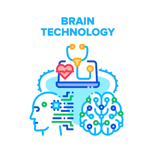 Brain Technology Vector Icon Concept. Brain Technology And Artificial Intelligence, Innovative System And Online Tech Support For Testing And Repair Electronics. Digital Process Color Illustration