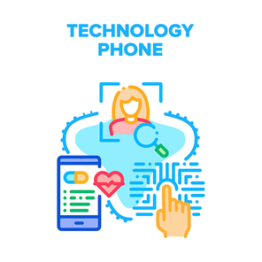 Technology Phone Vector Icon Concept. Fingerprint And Face Id For Unblocked Cellphone And Protection Information, Human Health Monitoring Application, Technology Phone Color Illustration