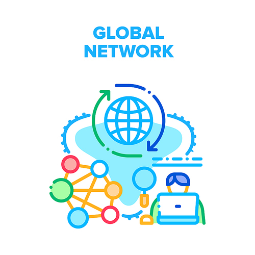 Global Network Vector Icon Concept. Global Network Internet Communication Technology, World Digital System For Online Communicate. Worldwide Telecommunication And Internet Connect Color Illustration