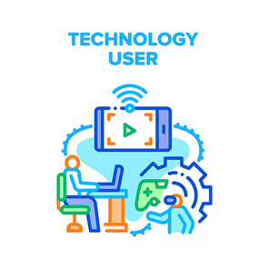 Technology User Vector Icon Concept. Technology User Playing Video Games On Console And Virtual Reality Vr Glasses, Watching Film On Smartphone And Searching Information On Computer Color Illustration