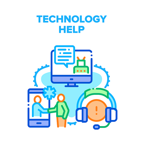 Technology Help Vector Icon Concept. Technology Help And Online Support, Customer Service Worker Operator Supporting Client And Helping Bot. Assistance And Consultation Color Illustration