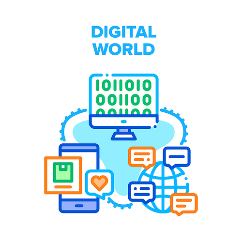 Digital World Vector Icon Concept. Digital World Technology For International Chatting And Communicate, Delivery Package Online Tracking Application And Coding Software Color Illustration