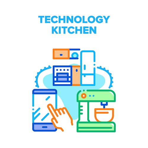 Technology Kitchen Equipment Vector Icon Concept. Refrigerator And Mixer Electronic Technology Kitchen Equipment Remote Control With Smartphone Application. Cooking Device Color Illustration