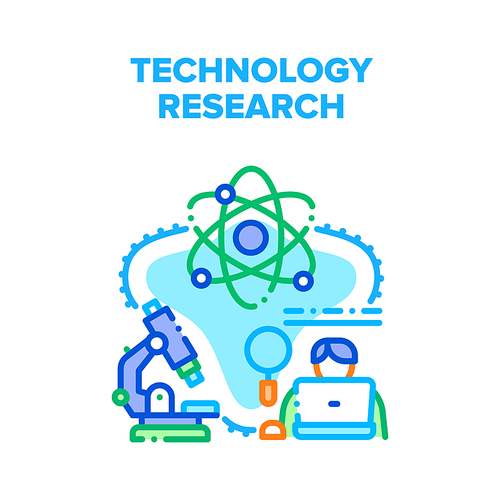 Technology Research Science Vector Icon Concept. Technology Research Science Microscope Laboratory Professional Equipment, Scientist Working And Research At Laptop Color Illustration