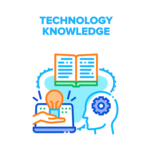 Technology Knowledge Seminar Vector Icon Concept. Technology Knowledge Seminar, Educational Lecture And Book. Student Studying And Remote E-learning In Online Webinar Color Illustration
