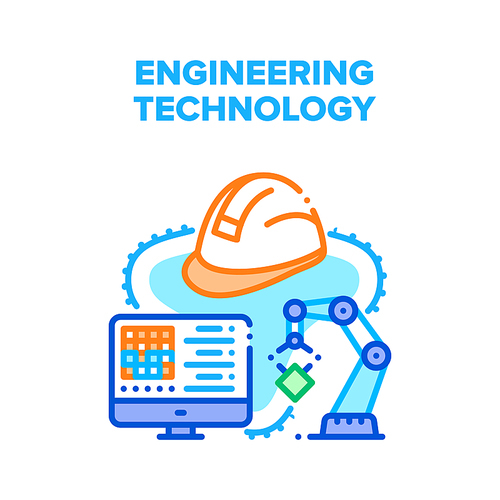 Engineering Technology System Vector Icon Concept. Developing And Programming Robotic Arm Engineering Technology System, Industrial Conveyor Robot. Protective Helmet Color Illustration