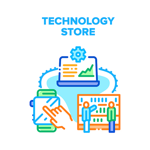 Technology Store Vector Icon Concept. Technology Store For Buying Digital Devices, Smart Watches And Laptop, Smartphone And Computer. Electronics Shop Seasonal Discount Sales Color Illustration