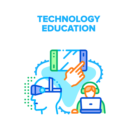 Technology Education Device Vector Icon Concept. Computer And Tablet, Virtual Reality Glasses And E-book Technology Education Device. Student Studying E-learning At Laptop Color Illustration