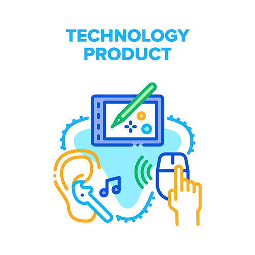 Technology Product Devices Vector Icon Concept. Tablet For Painting Digital Images, Wireless Computer Mouse And Bluetooth Earphones Technology Product Devices. Electronic Gadget Color Illustration