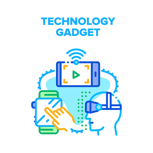 Technology Electronic Gadget Vector Icon Concept. Smart Watches And Virtual Reality Vr Glasses, Smartphone And Tablet Technology Electronic Gadget. Digital Device Color Illustration