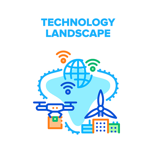 Technology Modern Landscape Vector Icon Concept. Technology Modern Landscape With Energy Turbine For Electricity Production, Wifi Globalization And Delivery With Drone Color Illustration
