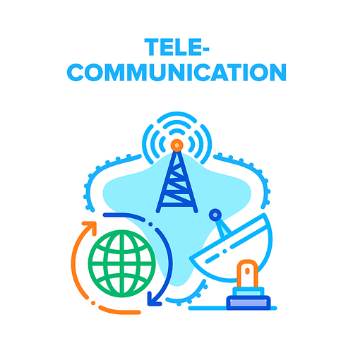 Telecommunication Technology Vector Icon Concept. Radio Tower And Satellite Antenna Telecommunication Technology For Global Connection And Broadcasting. Wireless Connect Color Illustration
