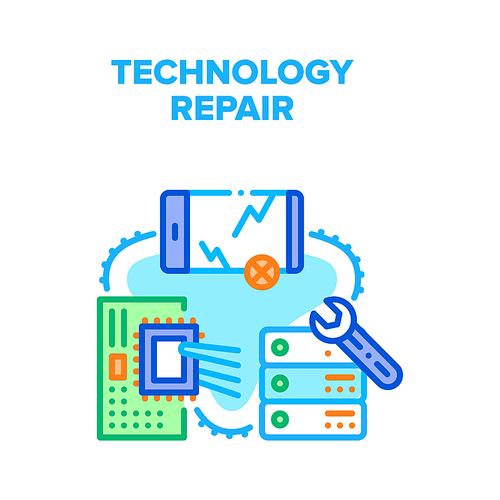 Technology Repair Service Vector Icon Concept. Damaged Crashed Smartphone Gadget Screen, Broken Server And Motherboard Microchip Replacement, Technology Repair Service Color Illustration