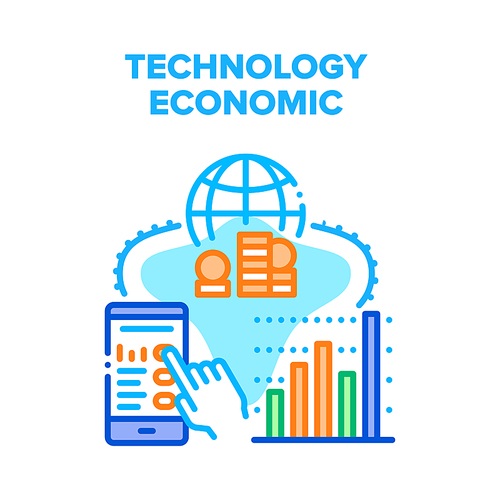 Technology Economic Finance Vector Icon Concept. Monitoring And Analyzing Rates Chart, Selling And Buying On Trade Market Phone Application, Worldwide Technology Economic Finance Color Illustration