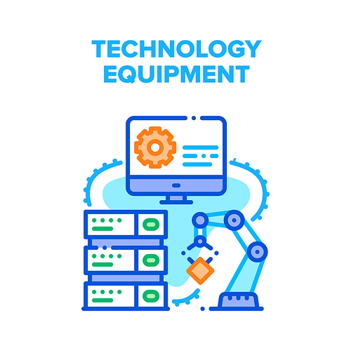Technology Digital Equipment Vector Icon Concept. Robotic Arm On Factory Conveyor, Electronic Internet Server And Computer Screen For Setting Technology Digital Equipment Color Illustration