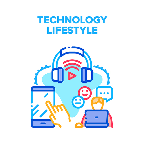 Technology Digital Lifestyle Vector Icon Concept. Technology Digital Lifestyle, User Using Laptop For Internet Communication, Smartphone And Headphones For Listening Music Color Illustration