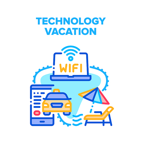 Technology Gadget Vacation Vector Icon Concept. Smartphone Application For Ordering Taxi Online And Hotel Wifi Connection With Laptop, Technology Gadget Vacation Color Illustration